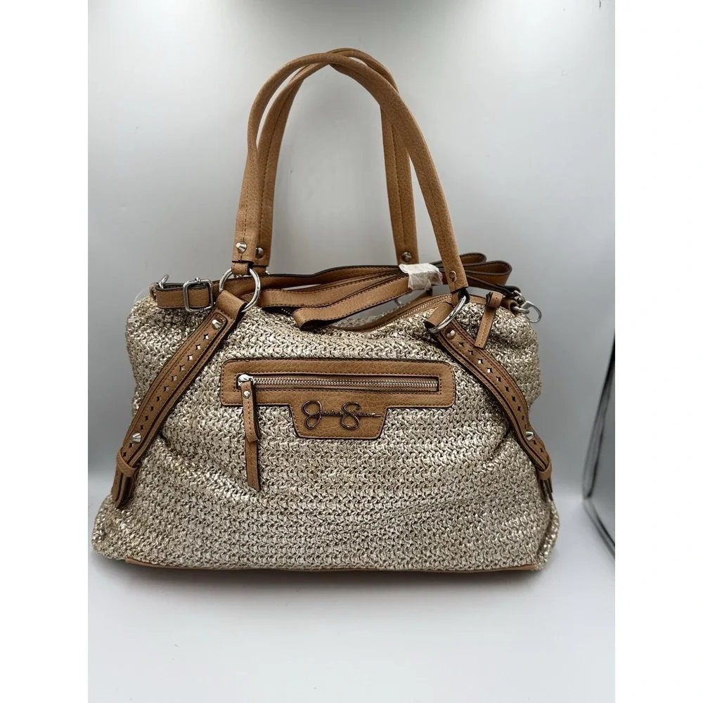 Jessica Simpson Christina Satchel Shoulder Bag Tan Straw Faux Leather Tassel NWT